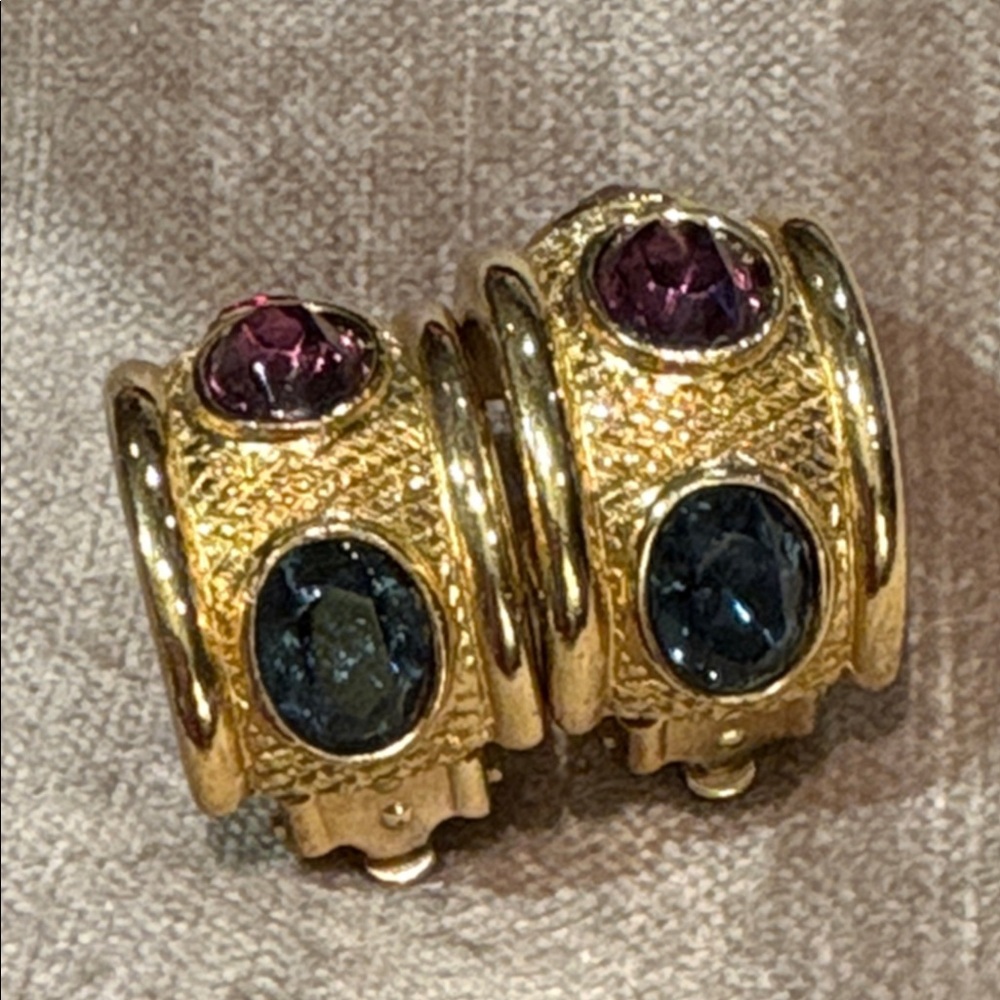 Givenchy Gold Plated Blue Purple Red Rhinestone Half Hoop Clip On Earrings - Picture 11 of 11